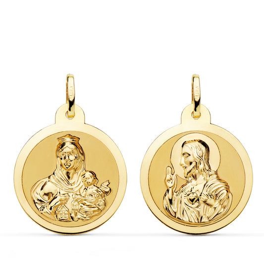 9K ESCAPULARIO ORO AMARILLO BRILLO VIRGEN DEL CARMEN Y CORAZON DE JESUS 22 MM