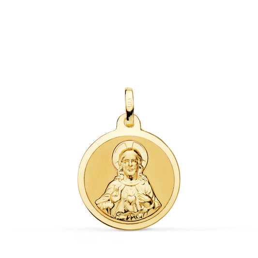 18K MEDALLA ORO AMARILLO SAGRADO CORAZON JESUS MATE Y BRILLO 18 MM