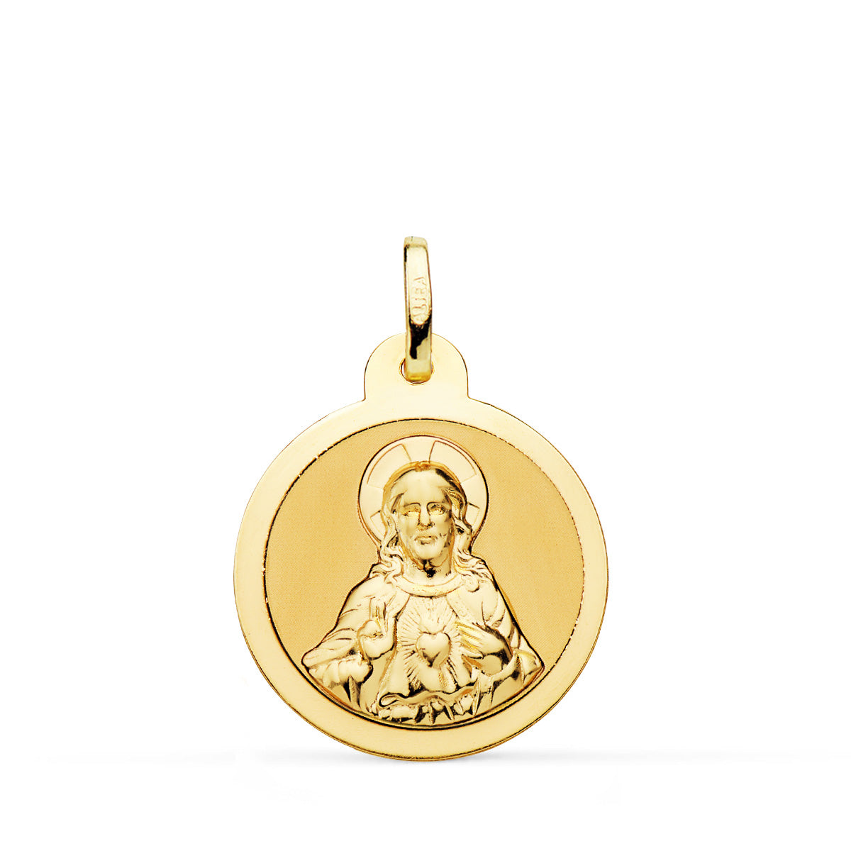 18K ESCAPULARIO ORO AMARILLO VIRGEN DEL CARMEN Y CORAZON DE JESUS EN BRILLO 20 MM