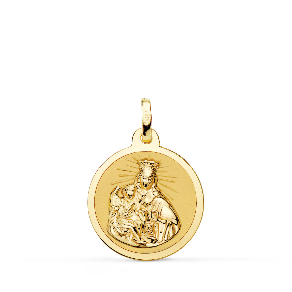 18K ESCAPULARIO ORO AMARILLO VIRGEN DEL CARMEN Y CORAZON DE JESUS EN BRILLO 18 MM