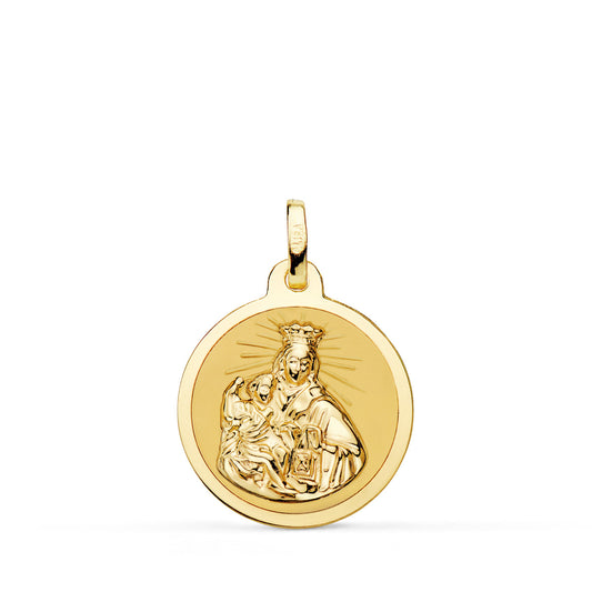 18K ESCAPULARIO ORO AMARILLO VIRGEN DEL CARMEN Y CORAZON DE JESUS EN BRILLO 18 MM