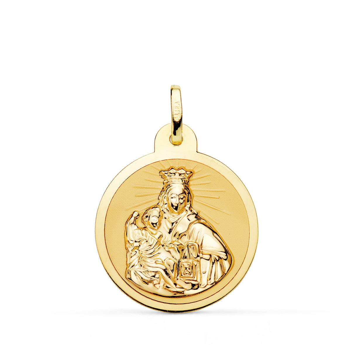 18K ESCAPULARIO ORO AMARILLO VIRGEN DEL CARMEN Y CORAZON DE JESUS EN BRILLO 22 MM