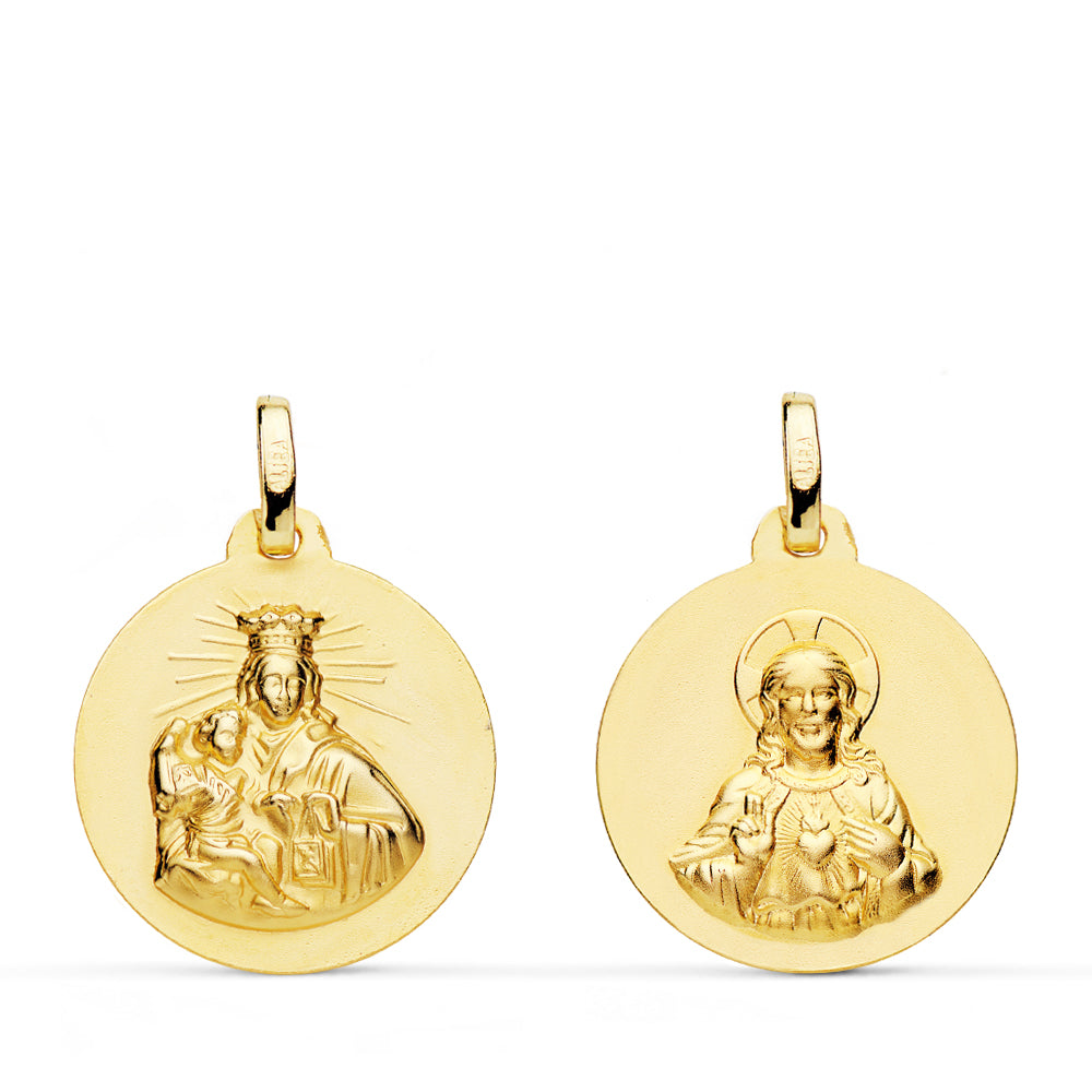 18K ESCAPULARIO ORO AMARILLO VIRGEN DEL CARMEN Y CORAZON DE JESUS LISO 18 MM