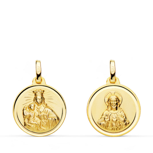 18K ESCAPULARIO ORO AMARILLO VIRGEN CARMEN CORAZON JESUS 16 MM