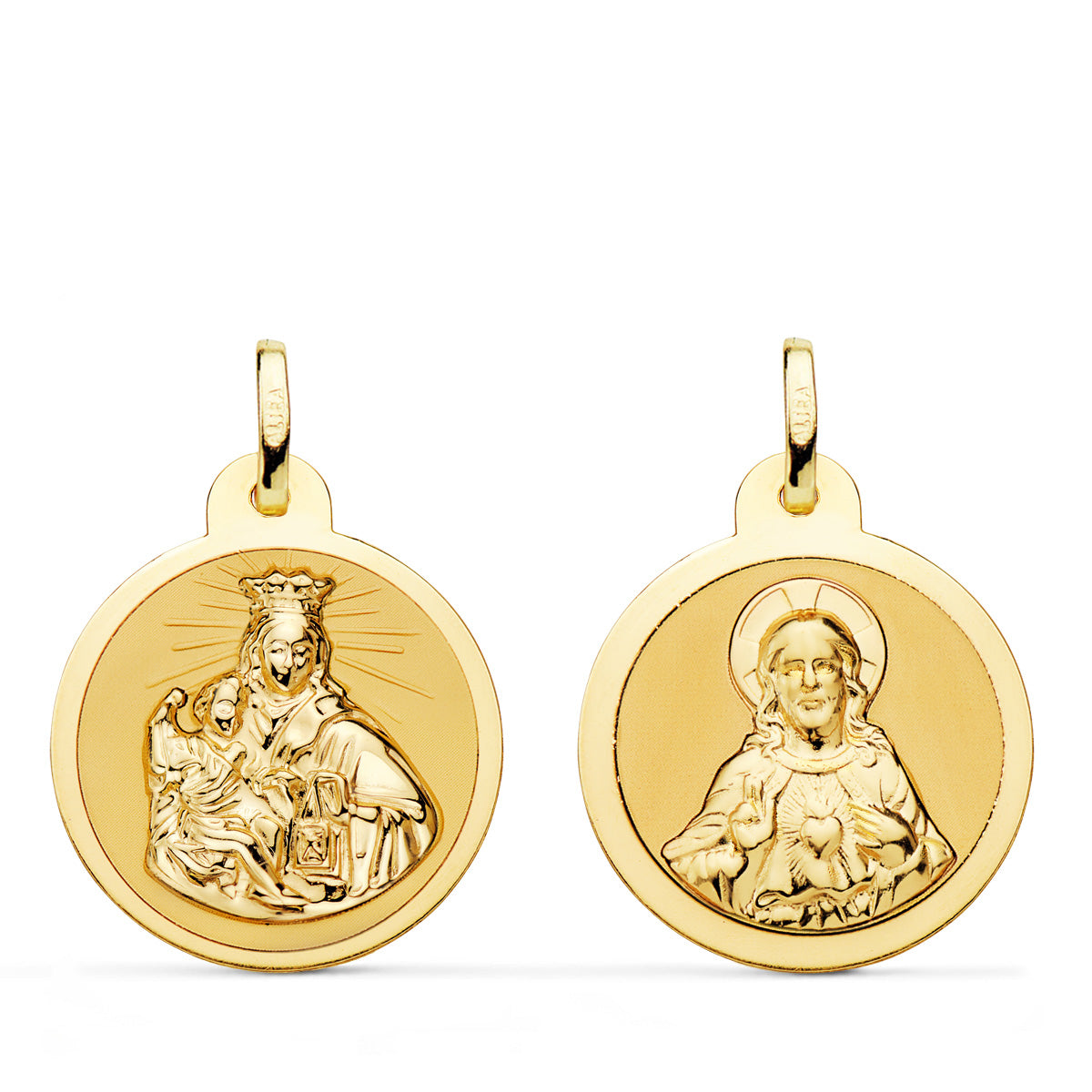 18K ESCAPULARIO ORO AMARILLO VIRGEN DEL CARMEN Y CORAZON DE JESUS EN BRILLO 20 MM
