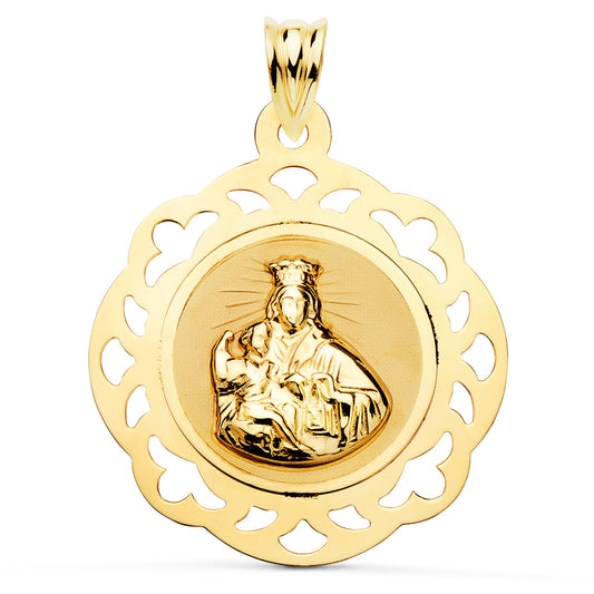 18K ESCAPULARIO ORO AMARILLO VIRGEN DEL CARMEN Y CORAZON DE JESUS CALADO BRILLO 31 X 27 MM