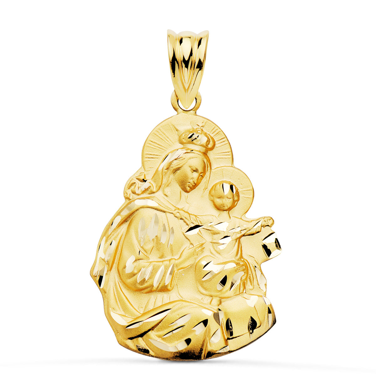 18K MEDALLA ORO AMARILLO VIRGEN DEL CARMEN SILUETA TALLADA 24X19 MM