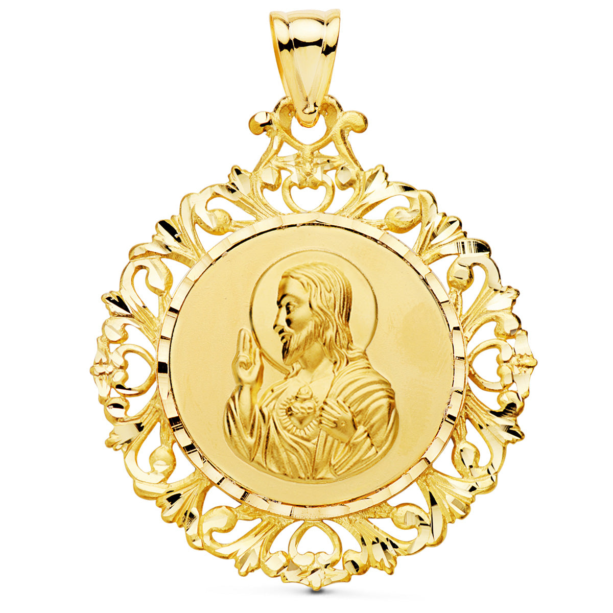 18K MEDALLA ORO AMARILLO ESCAPULARIO ORO AMARILLO CERCO CORAZON DE JESUS Y V CARMEN 45X40 MM