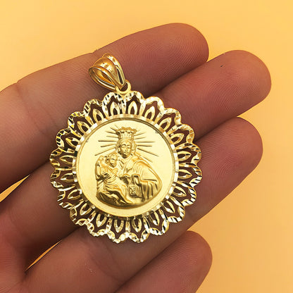 18K MEDALLA ORO AMARILLO VIRGEN DEL CARMEN CERCO FILIGRANA TALLADO 37X37 MM
