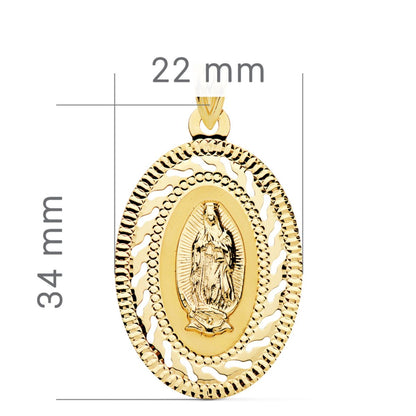 18K MEDALLA ORO AMARILLO VIRGEN GUADALUPE CERCO CALADO Y TALLADO. 34 X 22 MM