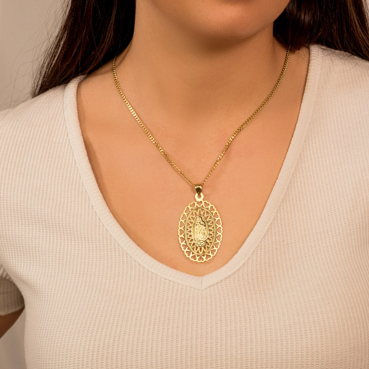 18K MEDALLA ORO AMARILLO VIRGEN DE GUADALUPE OVAL 50X35 MM CERCO CORAZONES