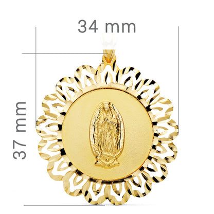 18K MEDALLA ORO AMARILLO VIRGEN GUADALUPE CERCO TALLADO 37X34 MM
