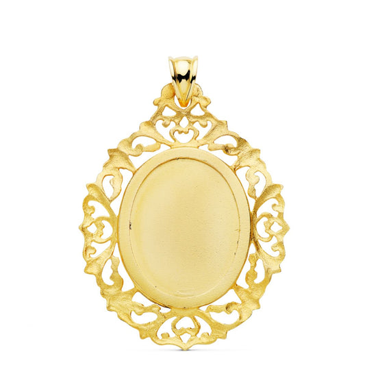 18K MEDALLA ORO AMARILLO VIRGEN GUADALUPE CERCO FILIGRANA 39X30 MM