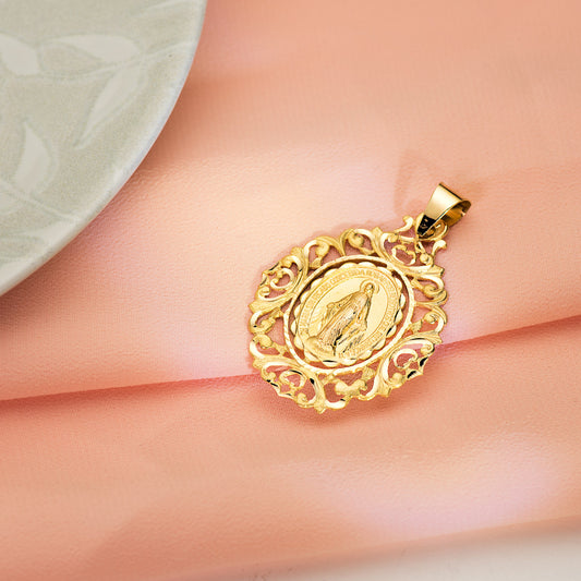 18K MEDALLA ORO AMARILLO VIRGEN DE LA MILAGROSA CERCO 46X35 MM