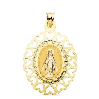 18K MEDALLA ORO AMARILLO VIRGEN MILAGROSA OVAL CERCO CORAZONES. 40 X 33 MM