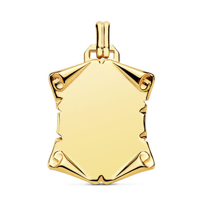 18K PLACA CHAPA COLGANTE PERGAMINO ORO AMARILLO LISO BRILLO PAPIRO. 24X22 MM