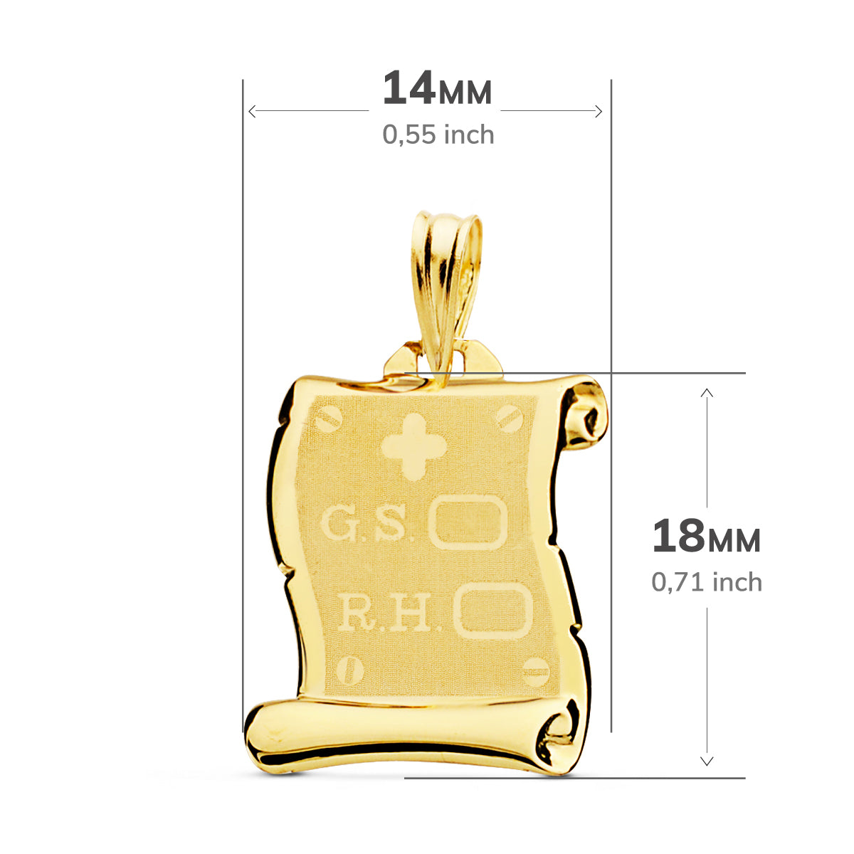 18K PLACA CHAPA COLGANTE PERGAMINO ORO AMARILLO BRILLO GRUPO SANGUINEO RH MATE 18X14 MM