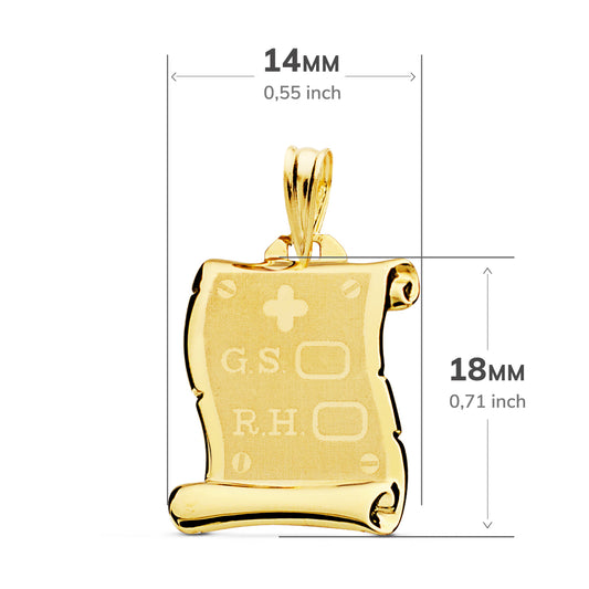 18K PLACA CHAPA COLGANTE PERGAMINO ORO AMARILLO BRILLO GRUPO SANGUINEO RH MATE 18X14 MM