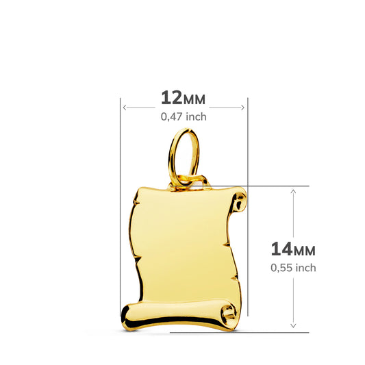 9K PLACA CHAPA COLGANTE PERGAMINO LISO BRILLO 14X12 MM