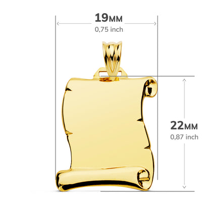 18K PLACA CHAPA COLGANTE PERGAMINO ORO AMARILLO LISO BRILLO 22X19 MM