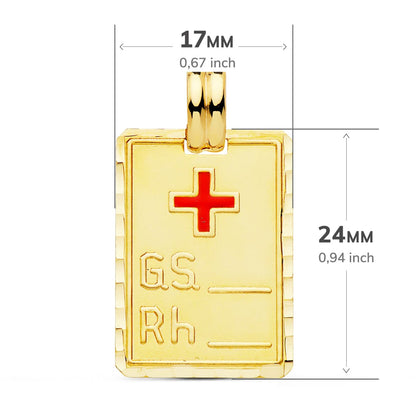 18K COLGANTE ORO AMARILLO PLACA CHAPA GRUPO SANGUINEO RH GRANDE 24X17 MM