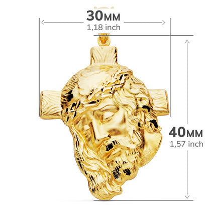18K COLGANTE ORO AMARILLO CABEZA DE CRISTO CON CRUZ TALLADA 40X30 MM