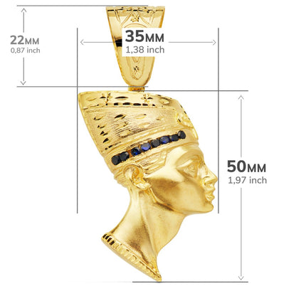 18K COLGANTE EGIPCIO ESFINGE NEFERTITI GIGANTE CON CIRCONITA AZULES ORO AMARILLO. 50 X 35 MM