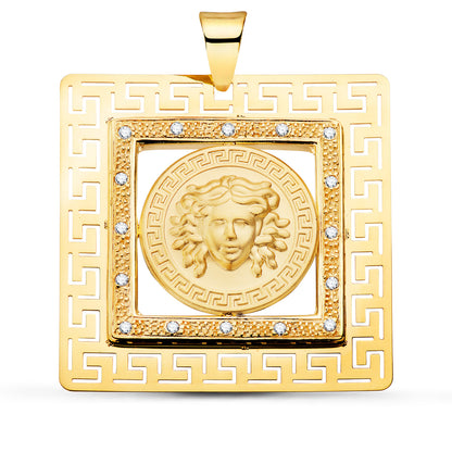 18K COLGANTE ORO AMARILLO CUADRADO MEDUSA Y GRECAS CON CIRCONITA 37X37 MM