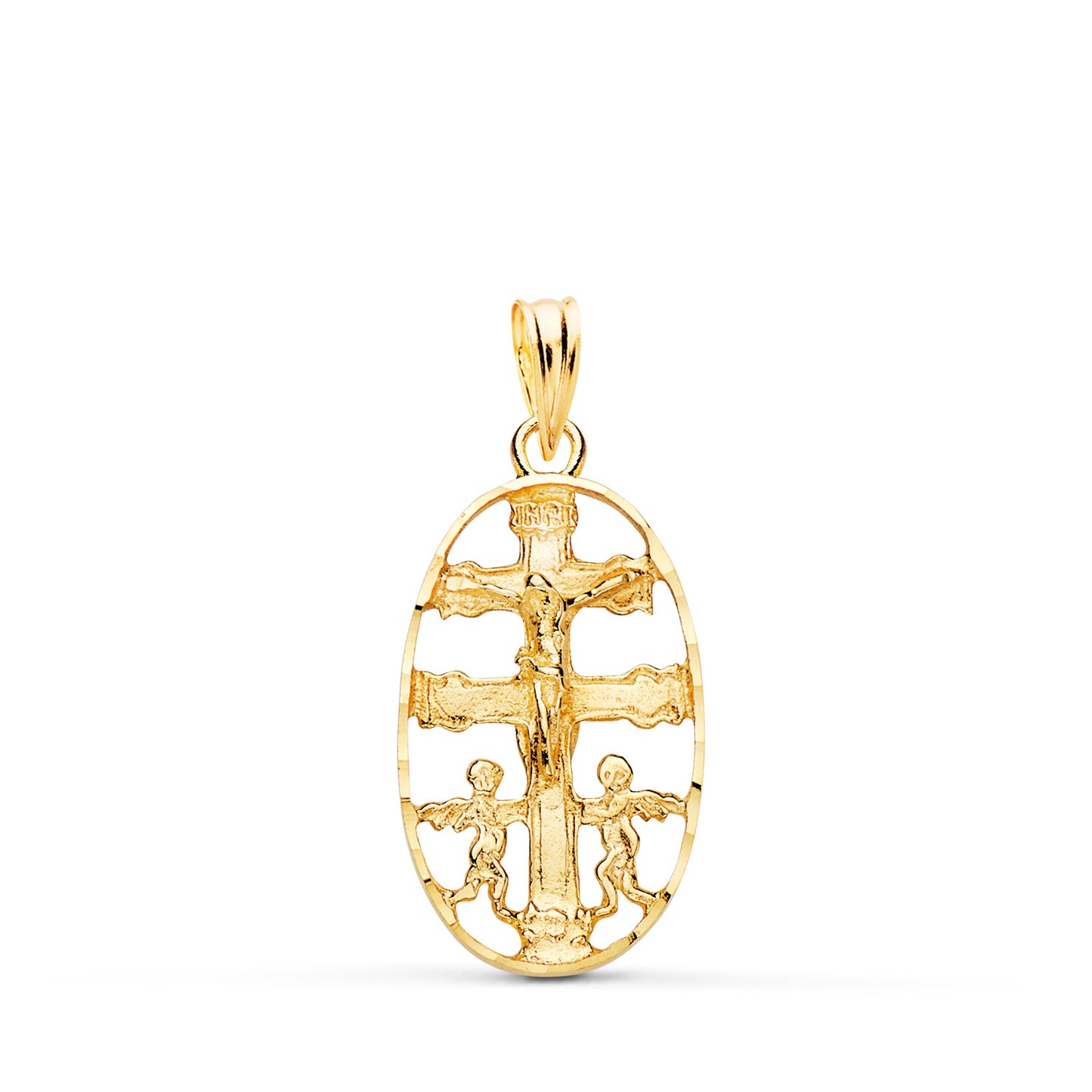 18K CRUZ DE CARAVACA ORO AMARILLO CERCO OVAL TALLADO 25 X 13 MM