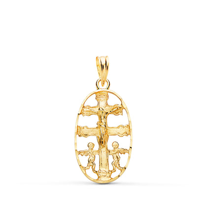 18K CRUZ DE CARAVACA ORO AMARILLO CERCO OVAL TALLADO 25 X 13 MM