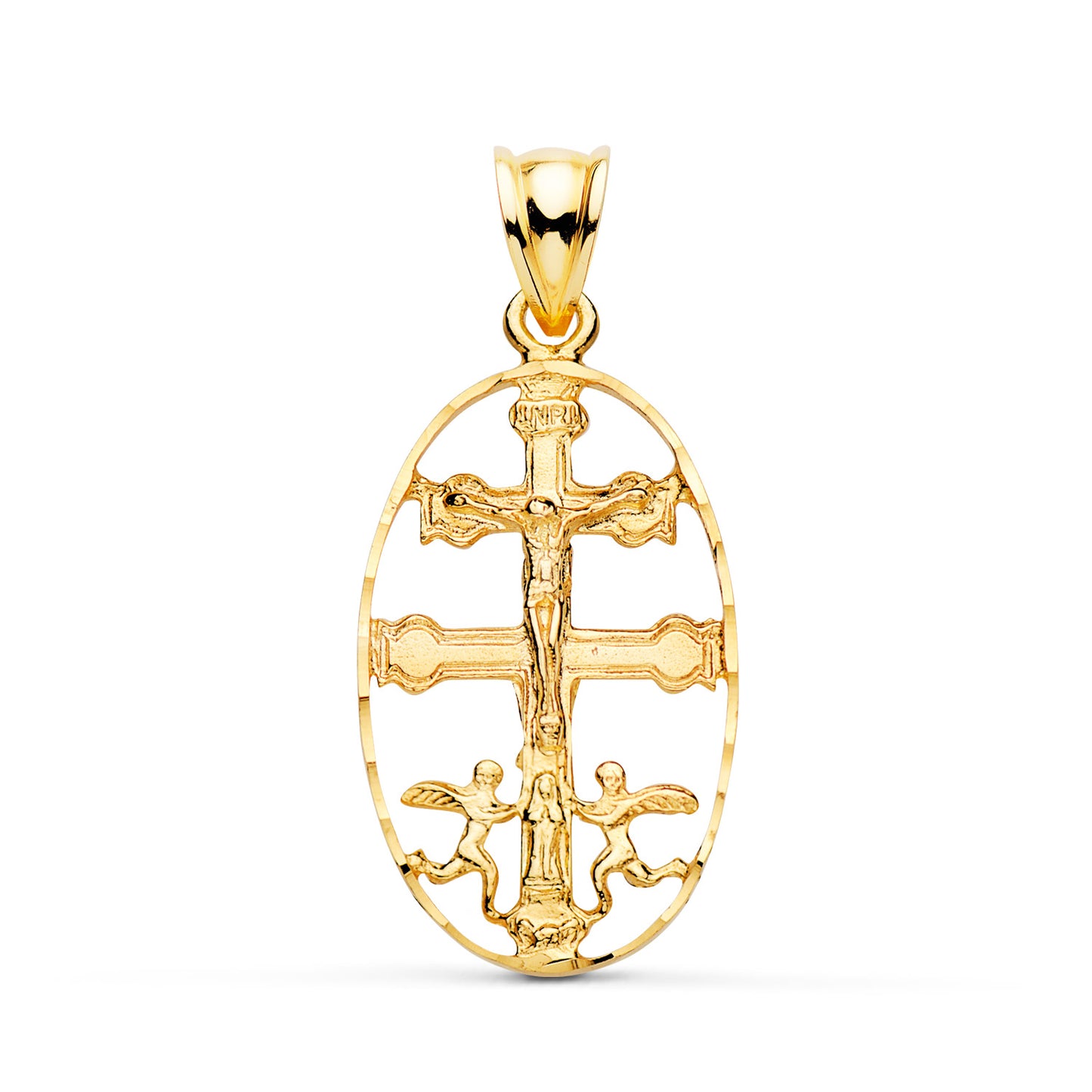 18K CRUZ DE CARAVACA ORO AMARILLO CERCO OVAL TALLADO. 27 X 17MM