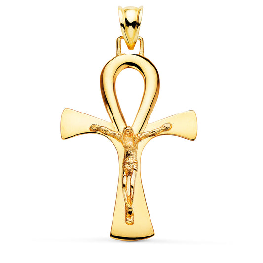 18K CRUZ DE LA VIDA EGIPCIA ORO AMARILLO CON CRISTO EN BRILLO 36 X 23 MM