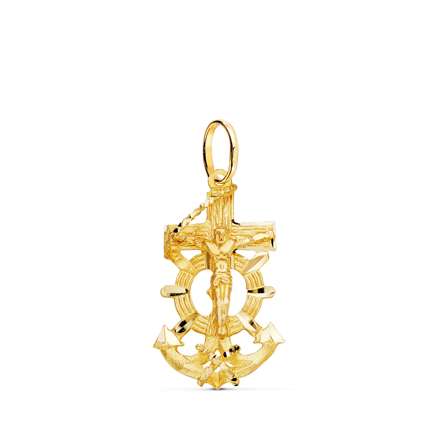 18K CRUZ MARINERA ORO AMARILLO CON CRISTO TALLADA 28X16 MM
