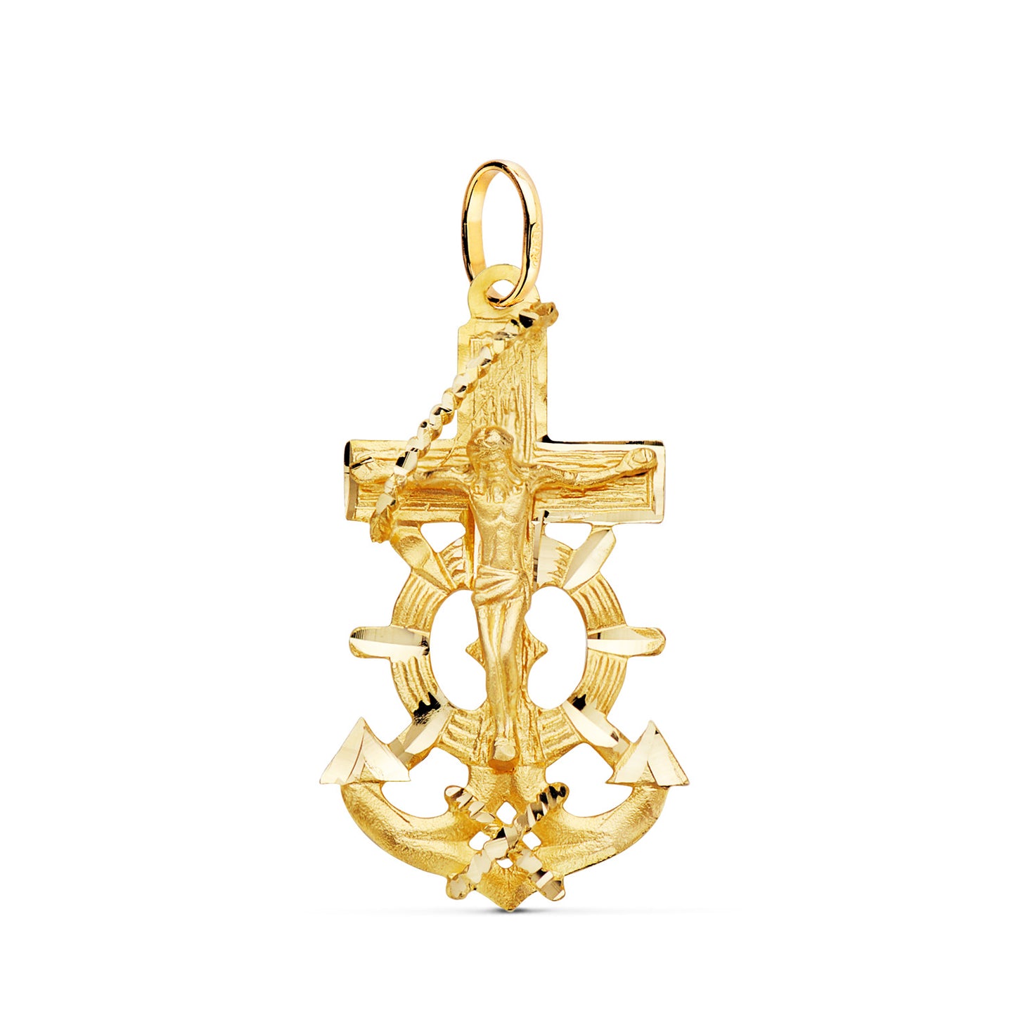 18K CRUZ MARINERA ORO AMARILLO CON CRISTO TALLADA 35X20 MM