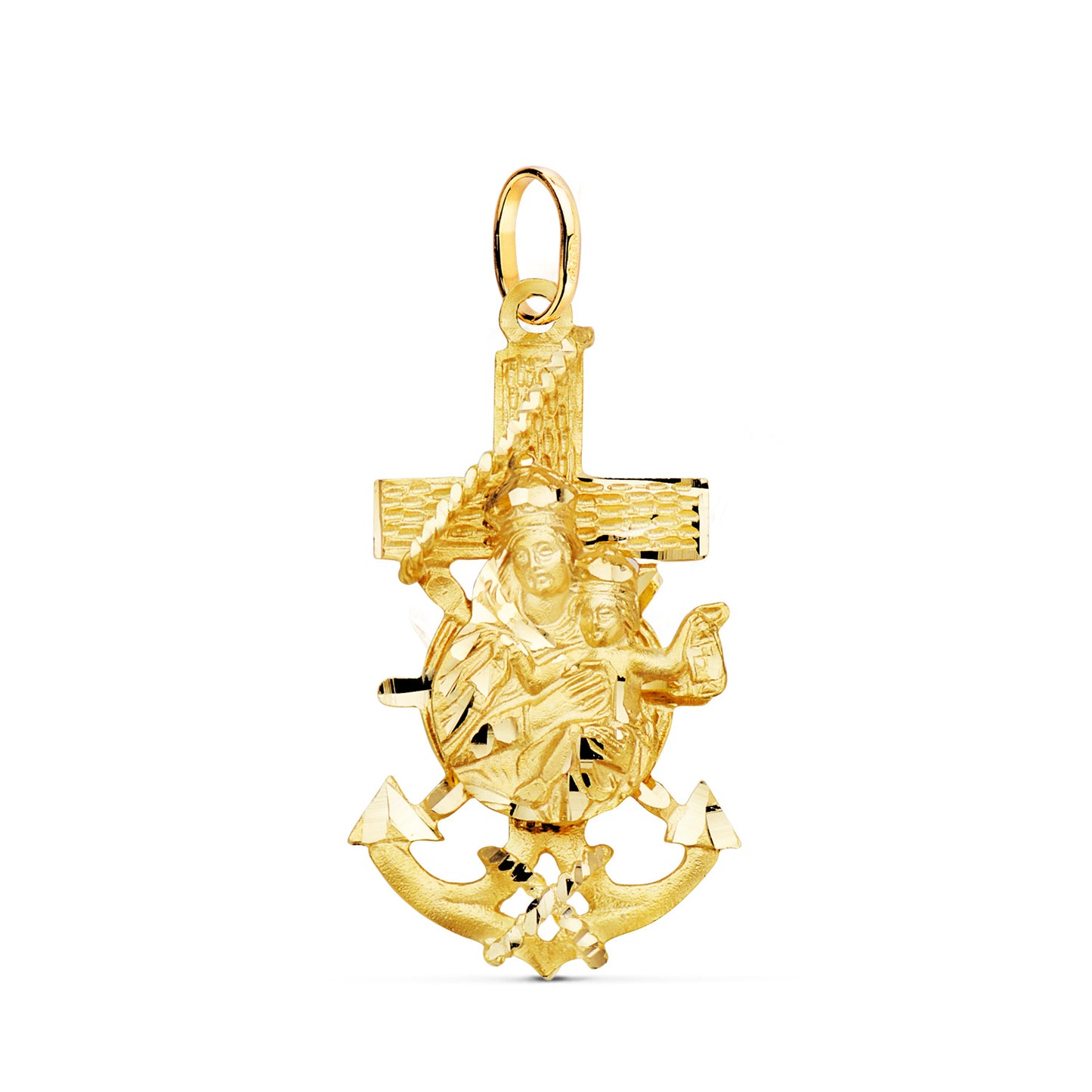 18K CRUZ MARINERA ORO AMARILLO VIRGEN DEL CARMEN TALLADA 35X19 MM