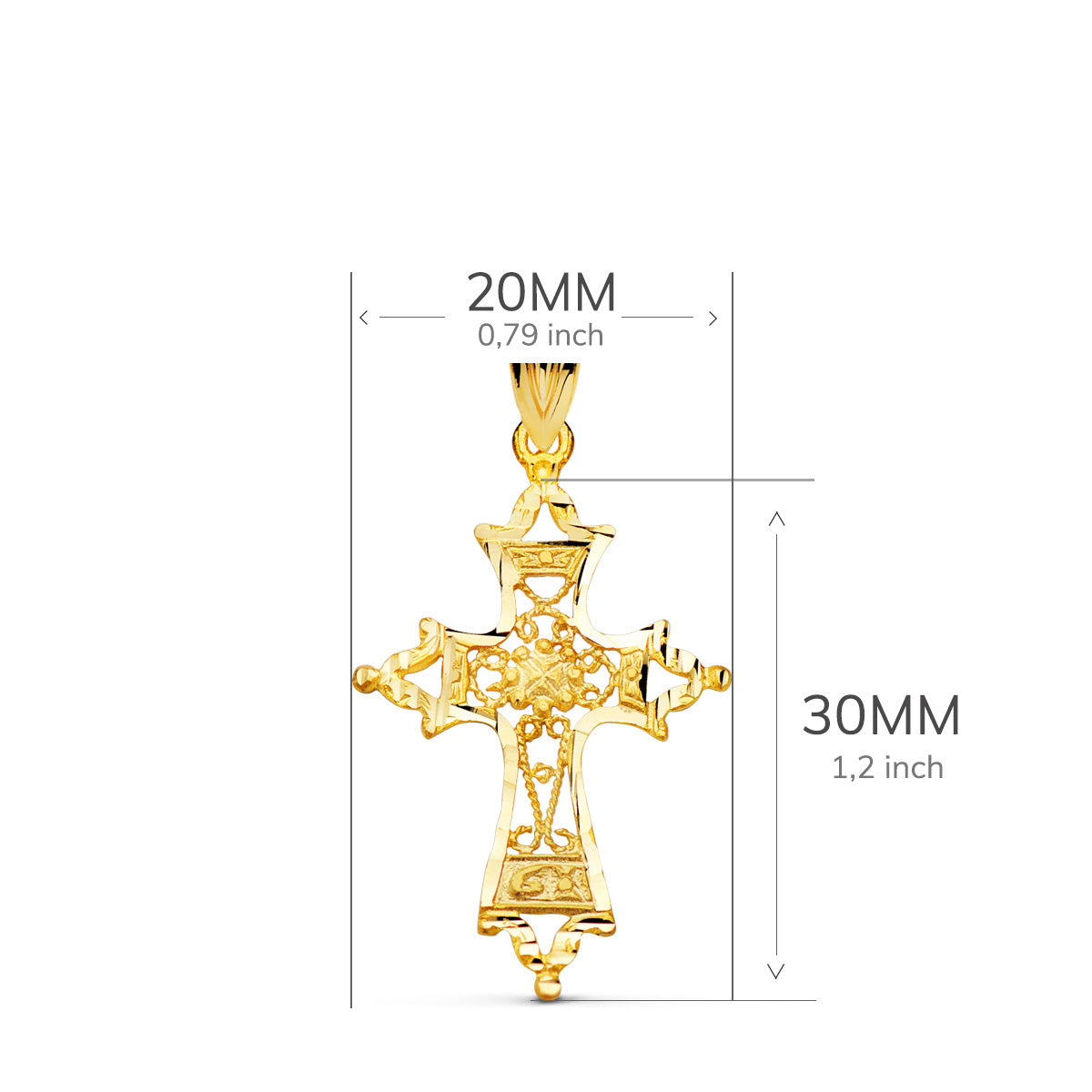 18K CRUZ ORO AMARILLO FILIGRANA BORDES TALLADOS. 30X20 MM