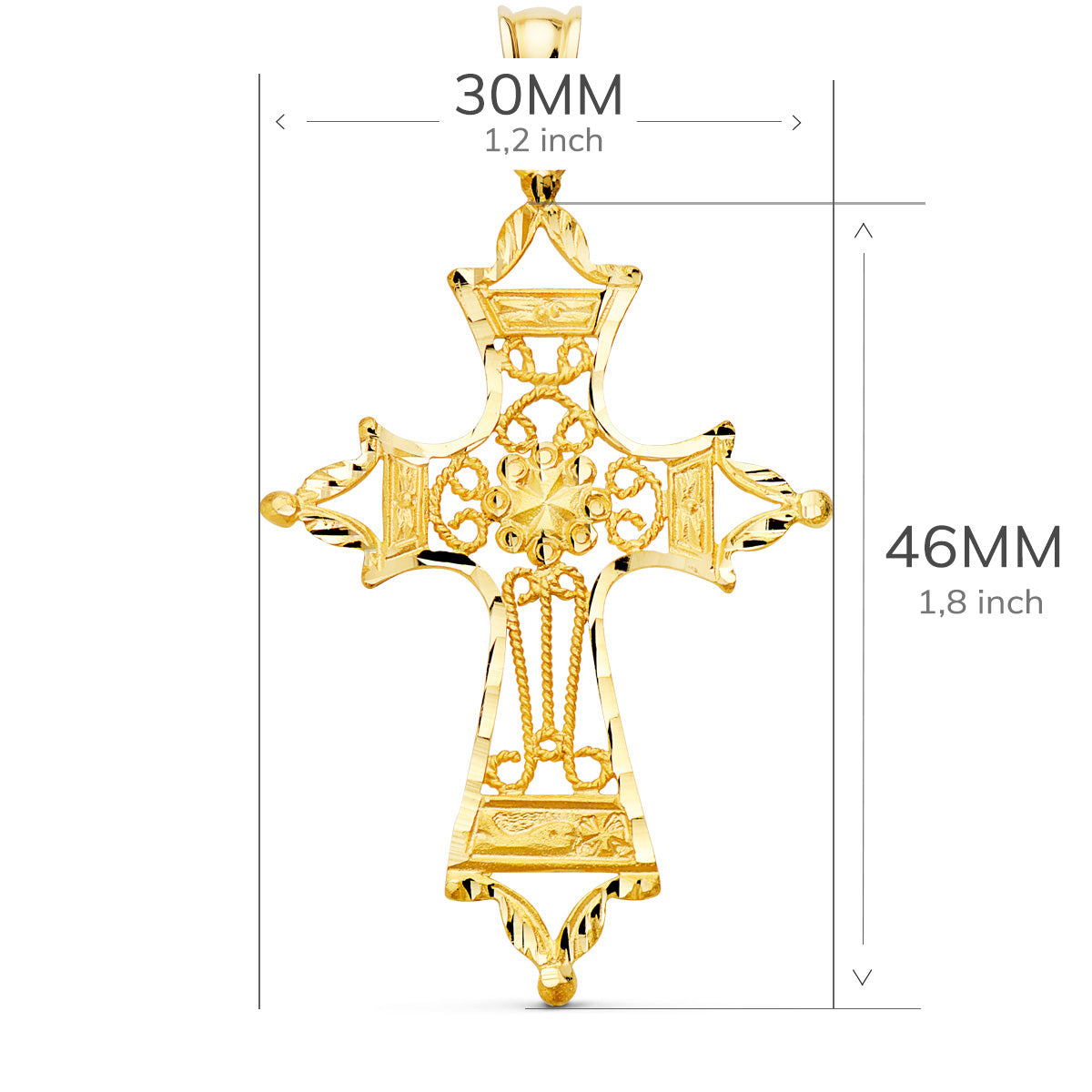 18K CRUZ ORO AMARILLO FILIGRANA BORDES TALLADOS. 46X30 MM