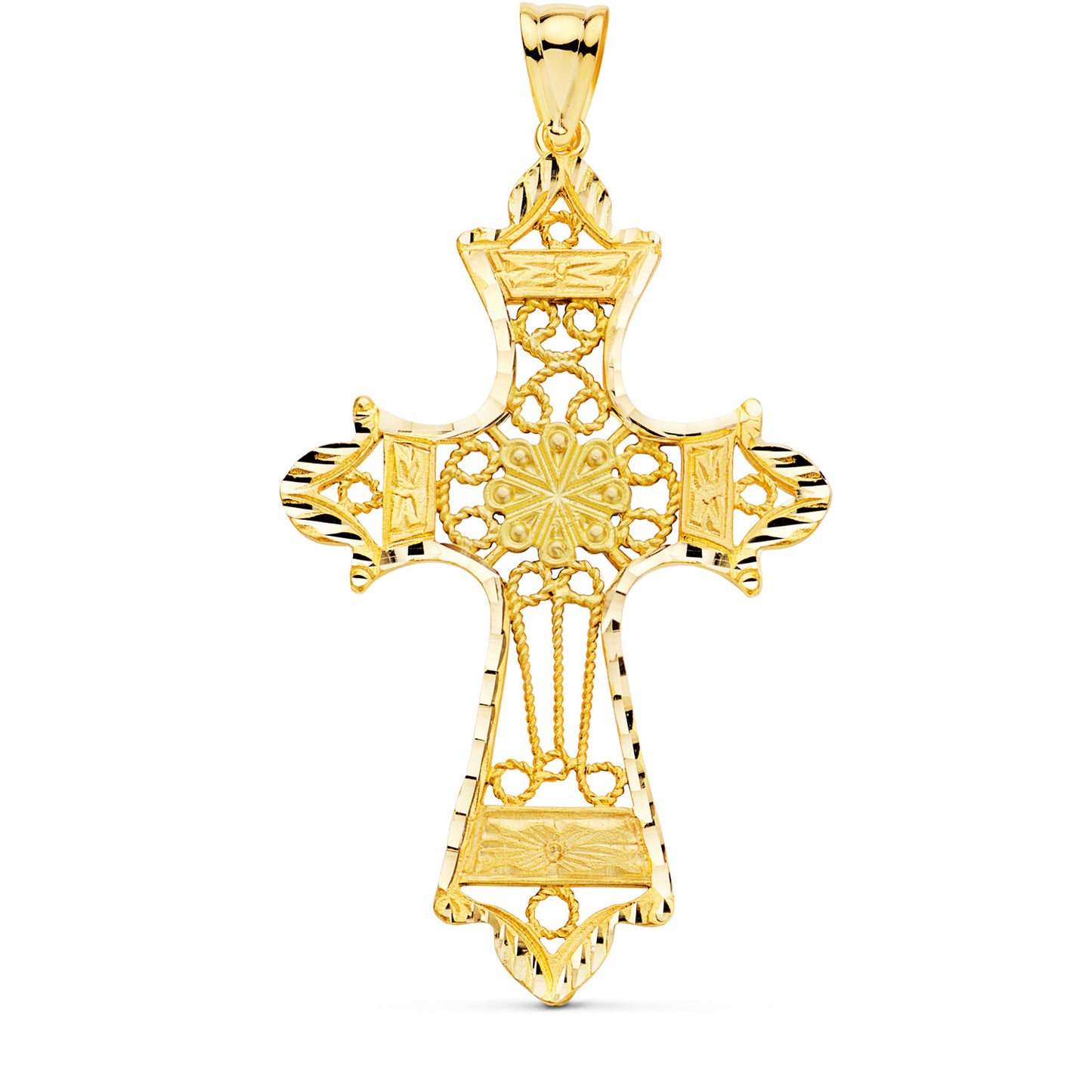 18K CRUZ ORO AMARILLO FILIGRANA BORDES TALLADOS. 60X37 MM