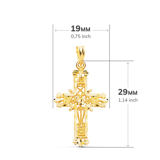 18K CRUZ ORO AMARILLO FILIGRANA BORDES TALLADOS. 29X19 MM