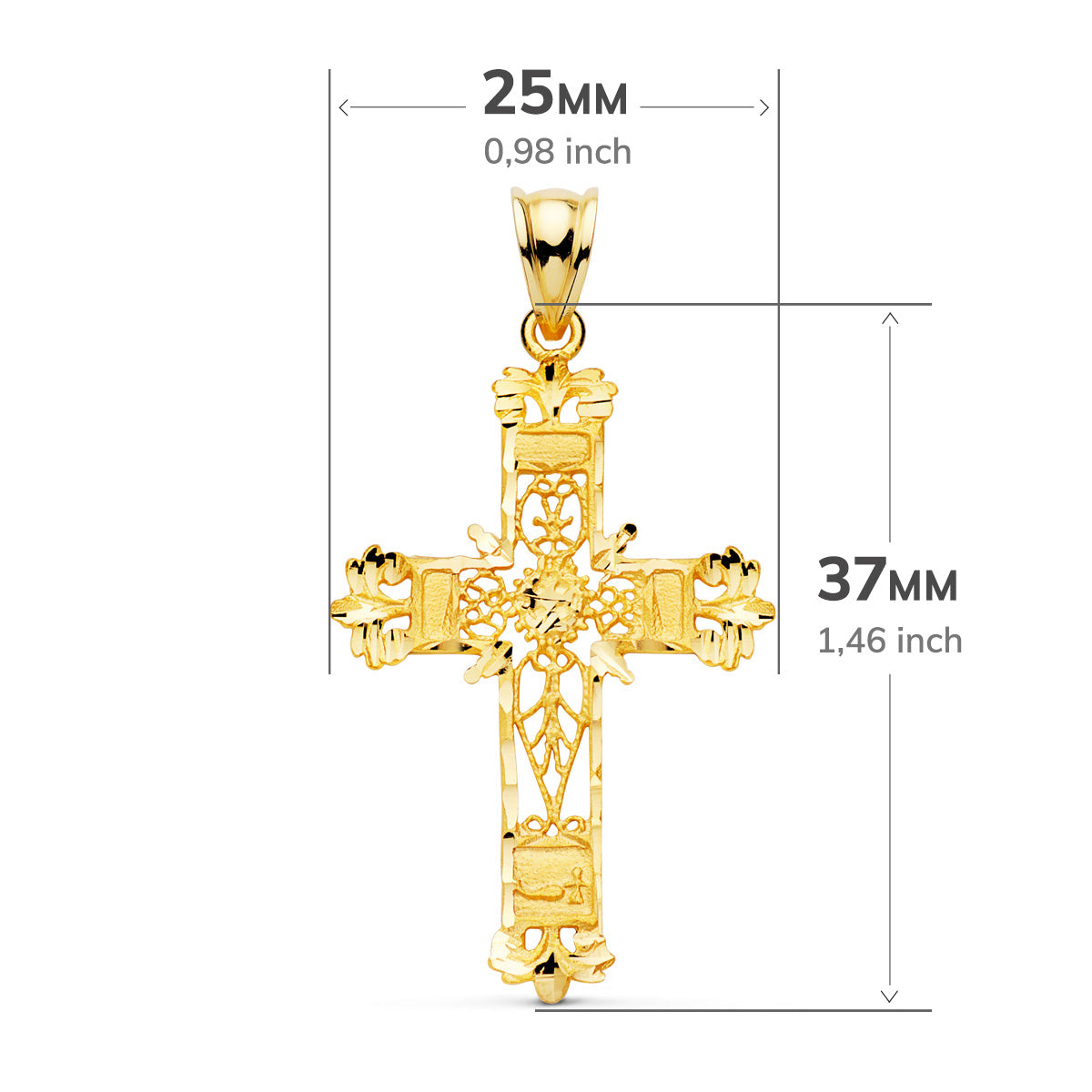 18K CRUZ ORO AMARILLO FILIGRANA BORDES TALLADOS. 37X25 MM