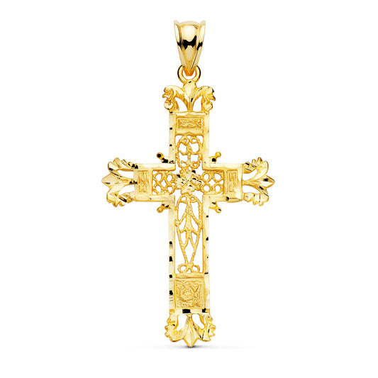 18K CRUZ ORO AMARILLO FILIGRANA BORDES TALLADOS. 44X28 MM