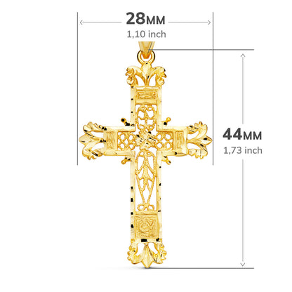 18K CRUZ ORO AMARILLO FILIGRANA BORDES TALLADOS. 44X28 MM