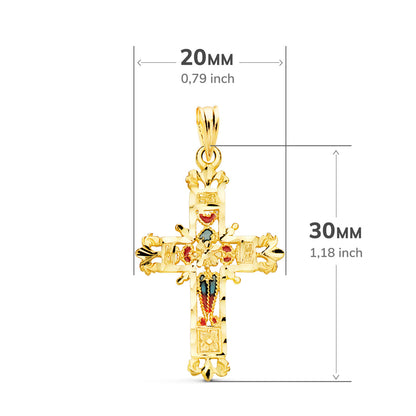 18K CRUZ ORO AMARILLO VIDRIERA CATEDRAL BORDES TALLADOS. 30X20 MM