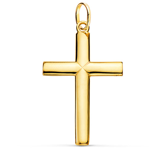 18K CRUZ ORO AMARILLO LISA MACIZA MEDIO PALO REDONDO BRILLO 38 X 24 MM