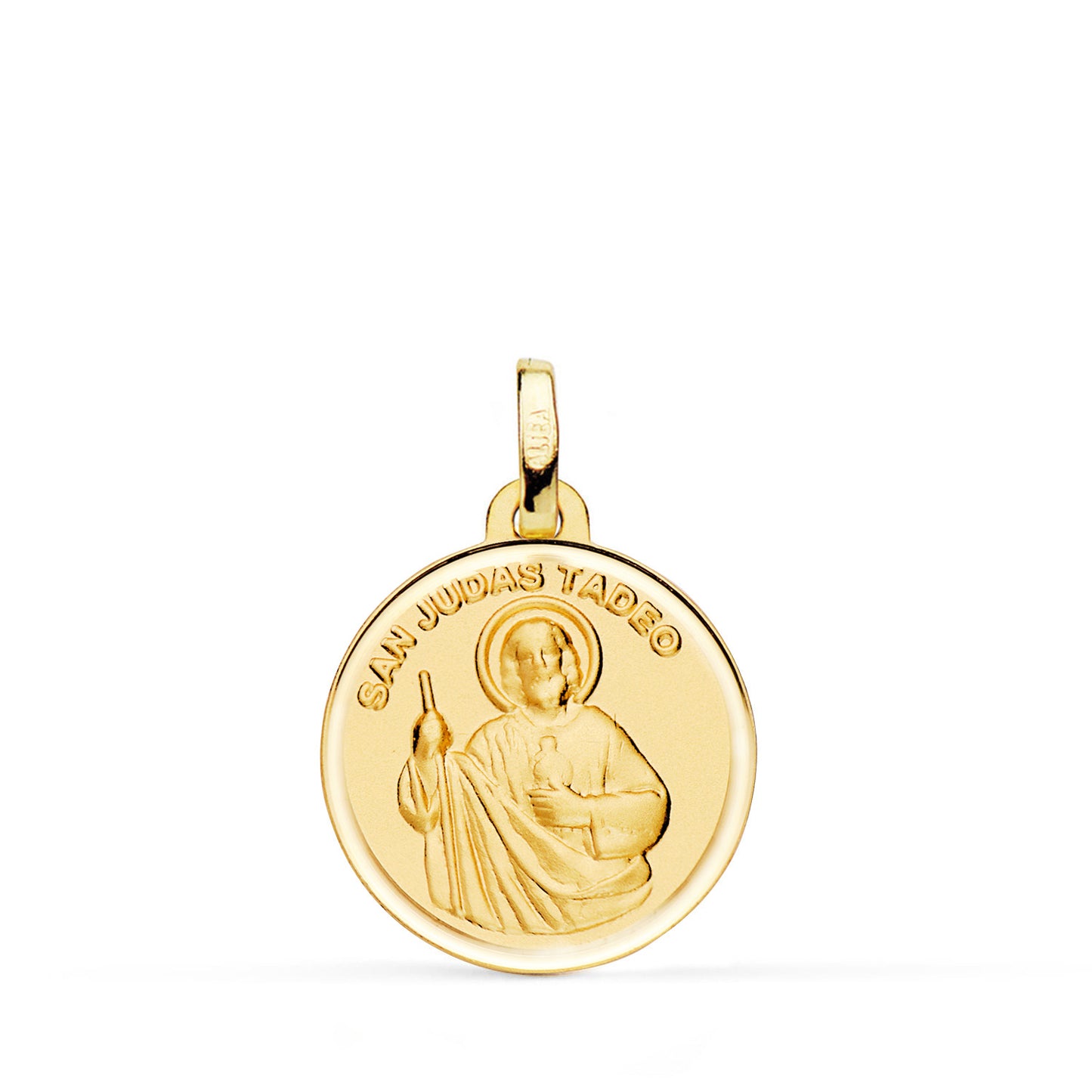 18K MEDALLA ORO AMARILLO SAN JUDAS TADEO BISEL ESPALDA LISA 18 MM