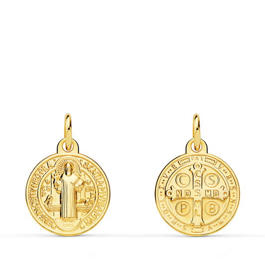 18K MEDALLA ORO AMARILLO ESCAPULARIO SAN BENITO MONJE 14 MM MATIZADA