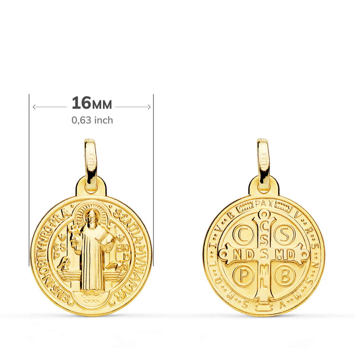 18K MEDALLA ESCAPULARIO ORO AMARILLO SAN BENITO MONJE 16 MM MATIZADA