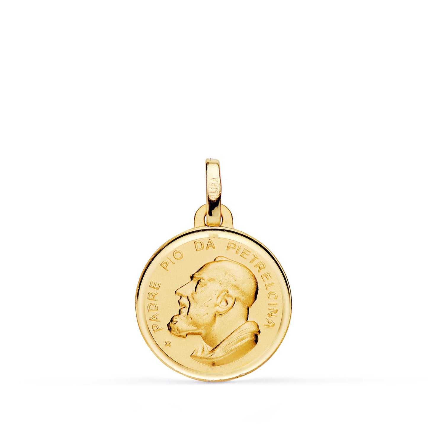 18K MEDALLA ORO AMARILLO PADRE PIO CON BISEL Y MATIZADA. MEDIDA: 16 MM