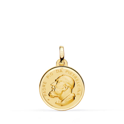 18K MEDALLA ORO AMARILLO PADRE PIO CON BISEL Y MATIZADA. MEDIDA: 16 MM