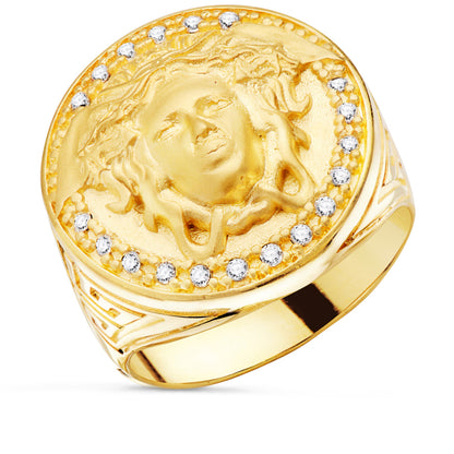 18K SELLO ORO AMARILLO MEDUSA CON CIRCONITA LATERAL GRECA ANCHO 19 MM